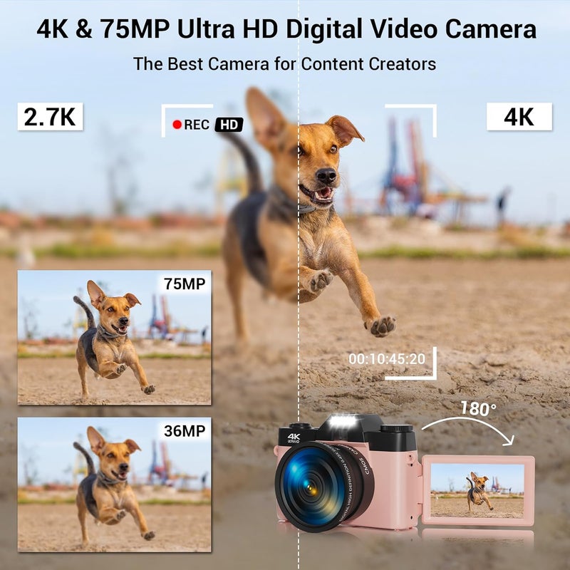 SMARTKLIK Store كاميرا رقمية، FHD 4K 75MP كاميرا فيديو للمدونات مع شاشة قابلة للطي 3'' 180°، بطاقة SD سعة 64GB، زوم رقمي 16x، بطاريتين، كاميرا رقمية للمبتدئين (وردي) - Image 2